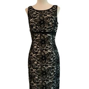 Carmen Marc Valvo Black Floral Lace Midi Dress SZ 2